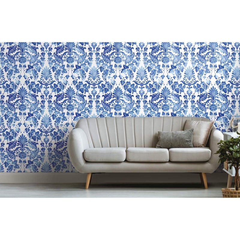 RoomMates RMK11597RL Blue Vine Damask Peel and Stick Wallpaper - Image 2